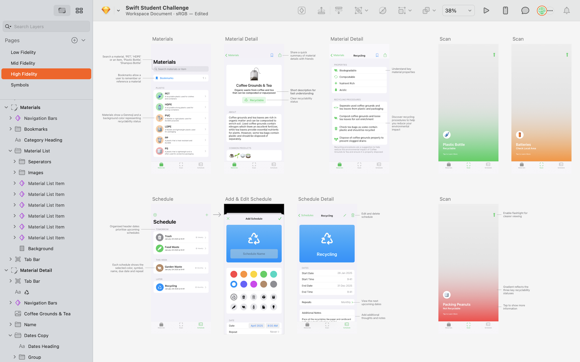 High fidelity mockups showing final app design