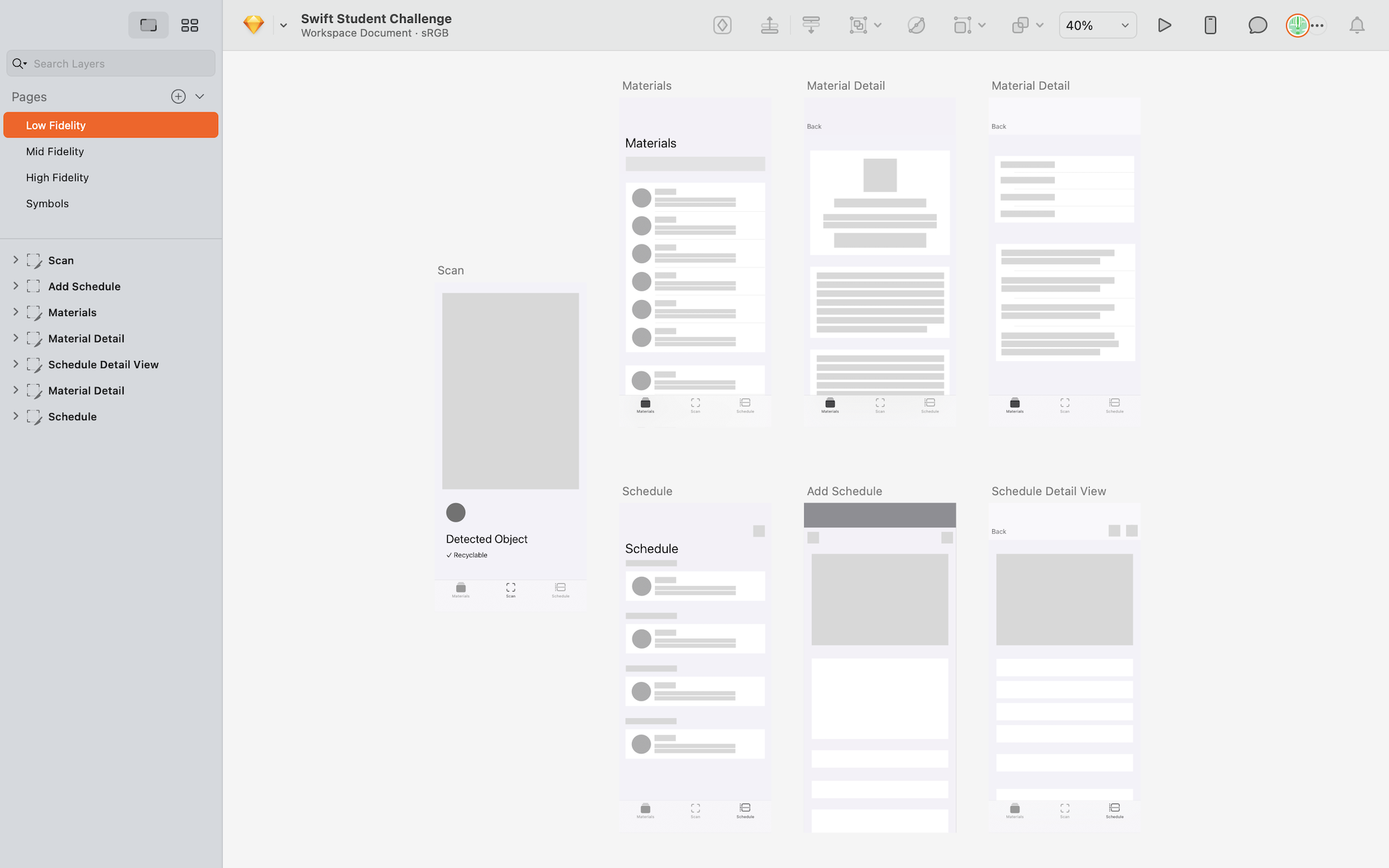 Low fidelity wireframe layouts of app screens