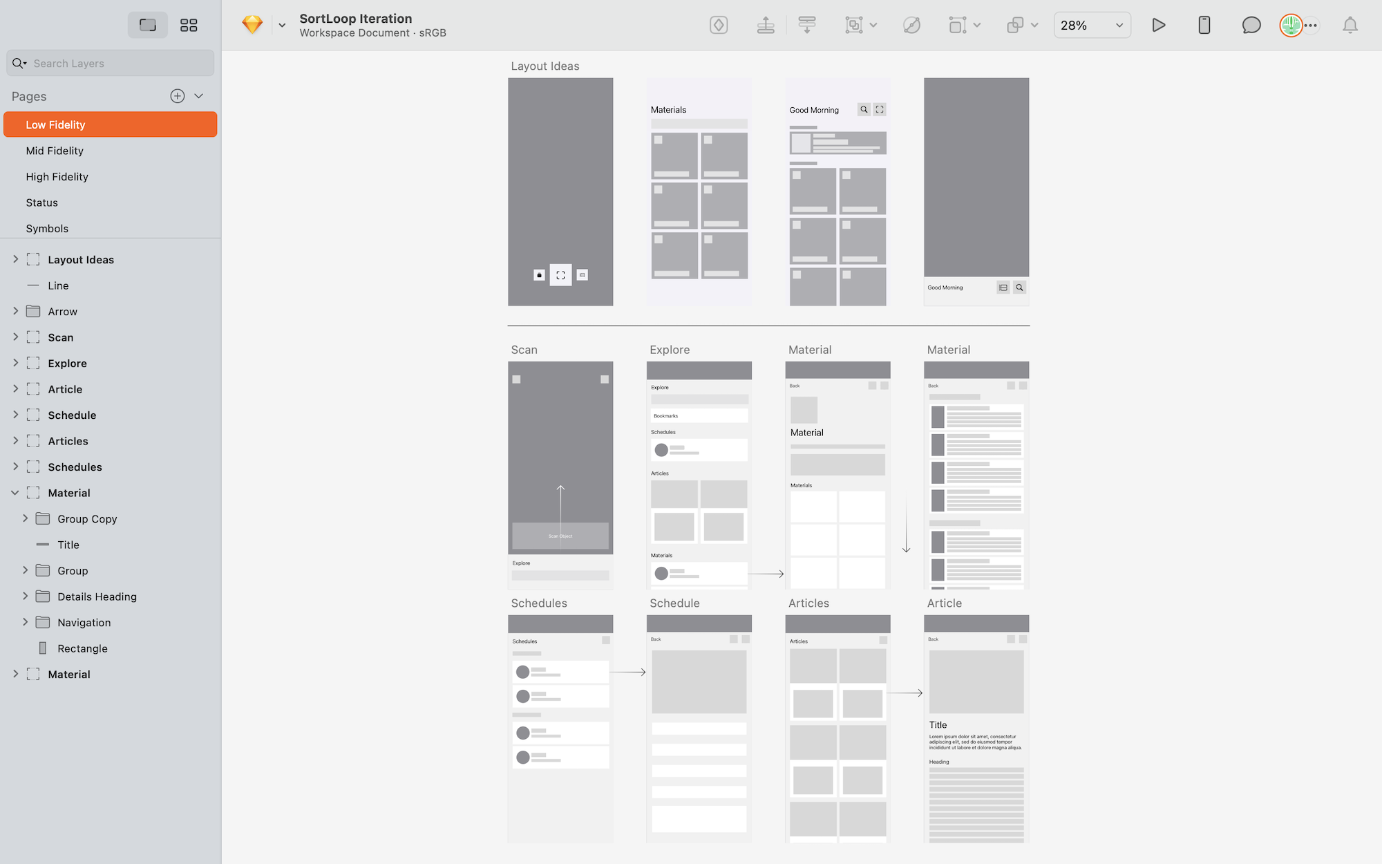 Low fidelity wireframes of the app, with different initial designs and ideas