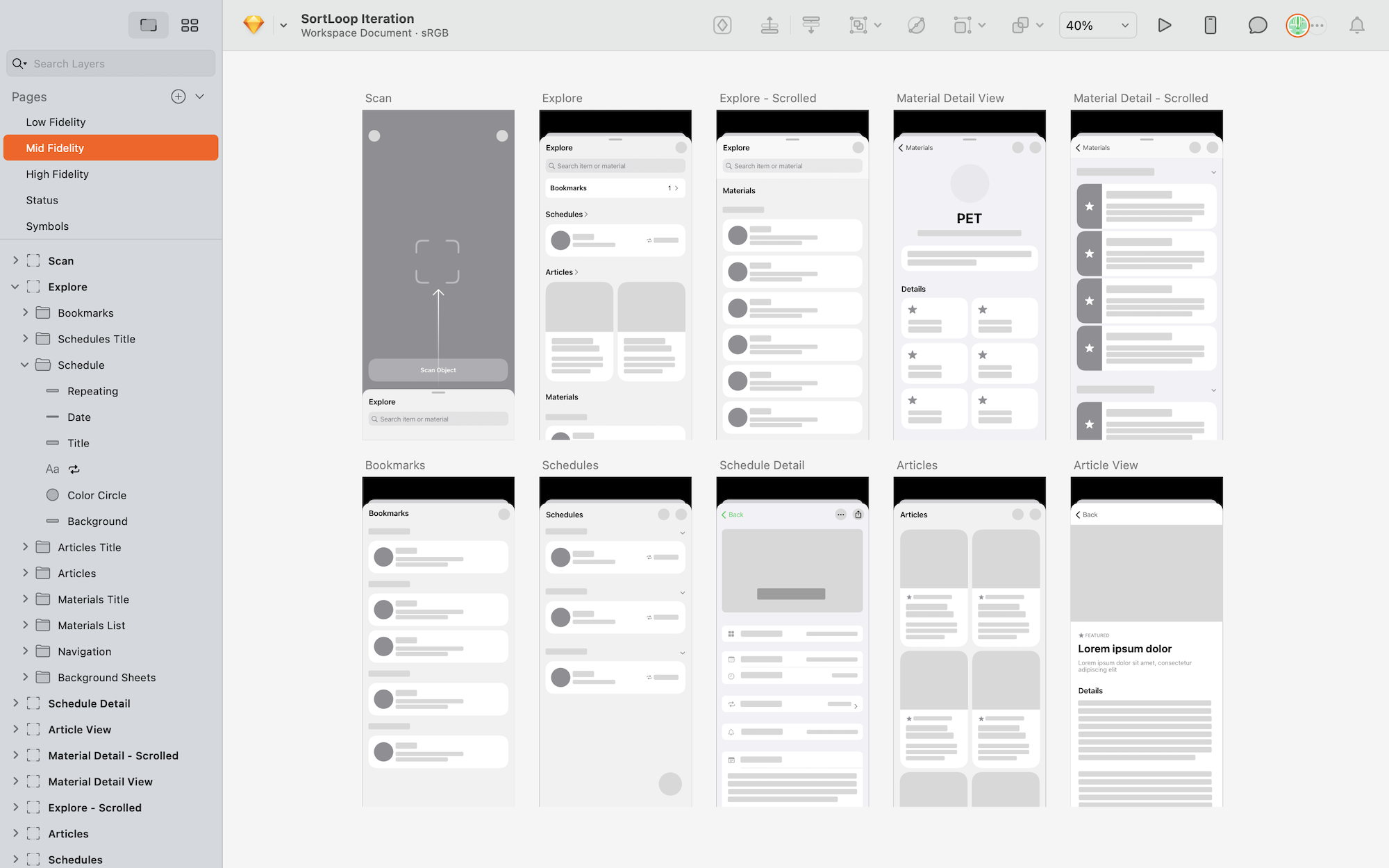 Mid fidelity prototypes, with a specific focus on one design system and additional detail