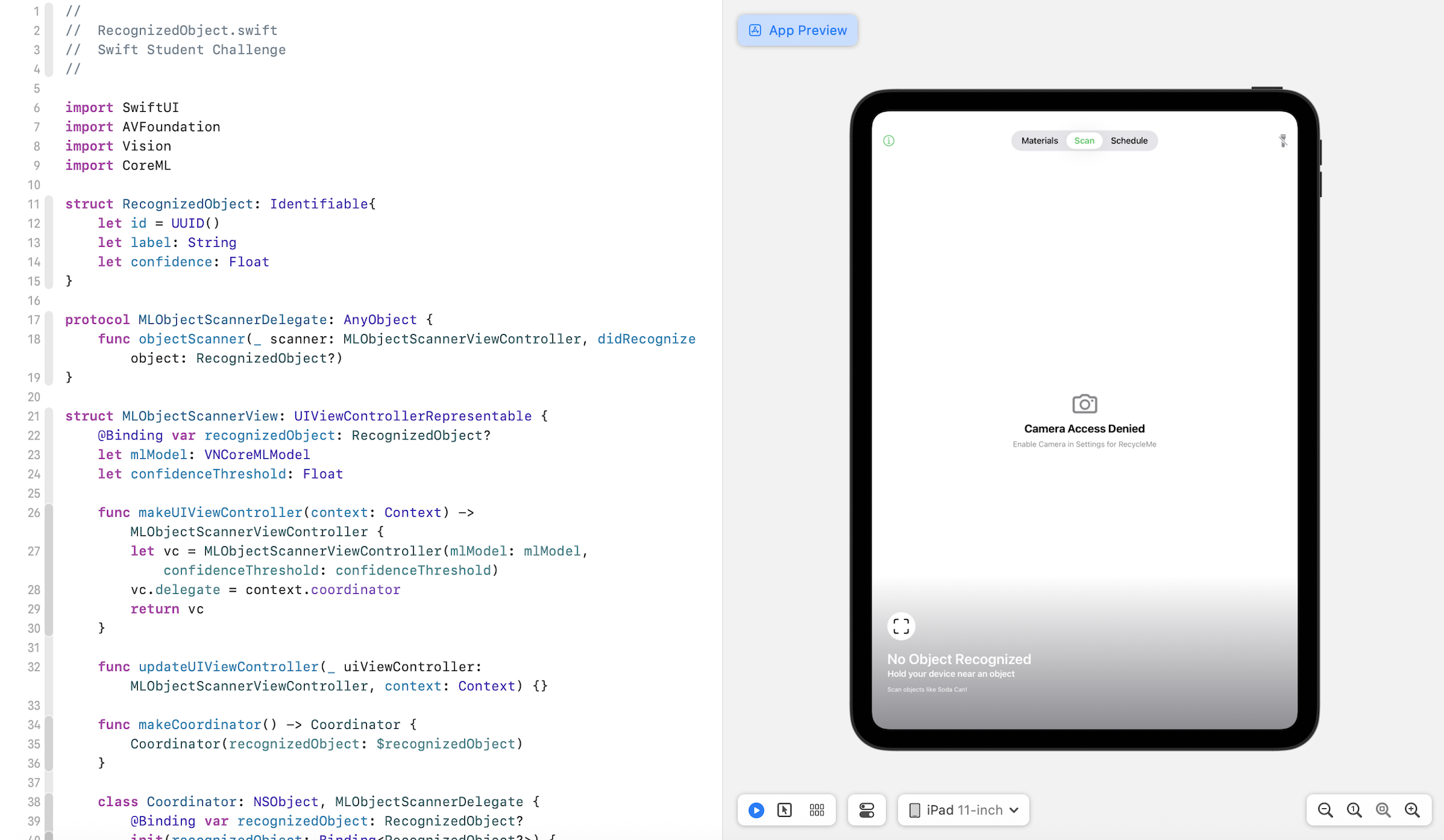 Xcode with ML model code and UI preview