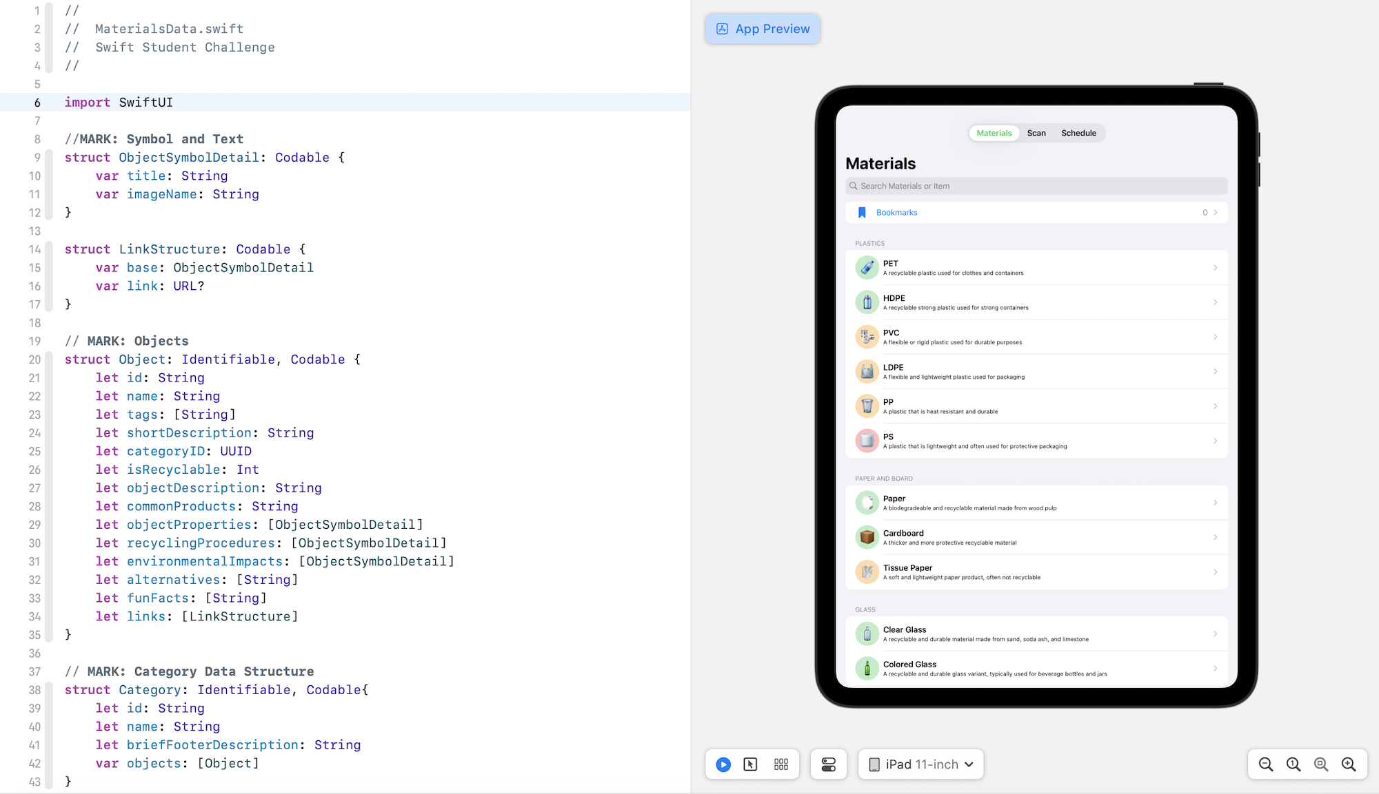 Xcode with dataset structures and materials list