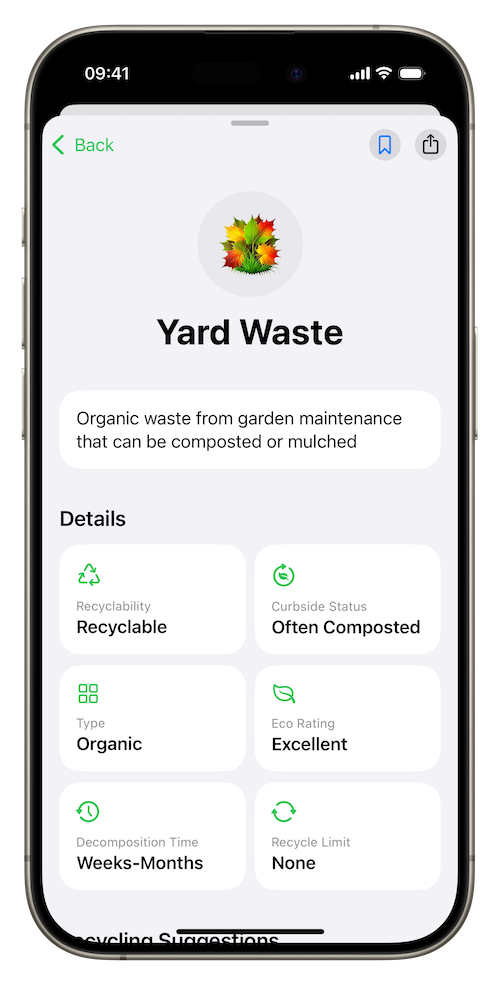 Yard waste material with recyclability details