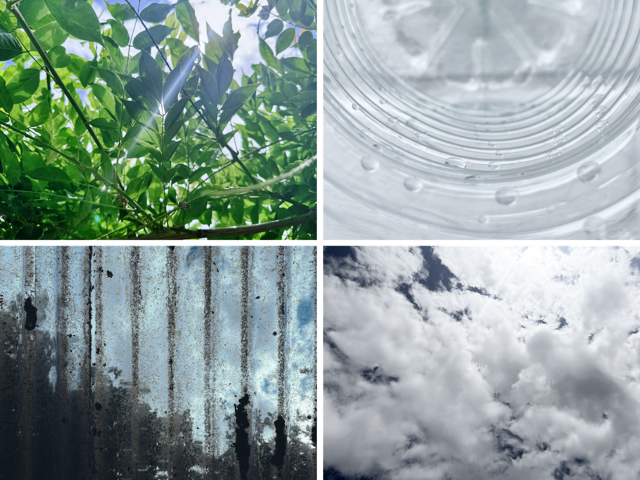 Four images within a grid; leaf foliage, plastic bottle, corrugated plastic and clouds in blue sky