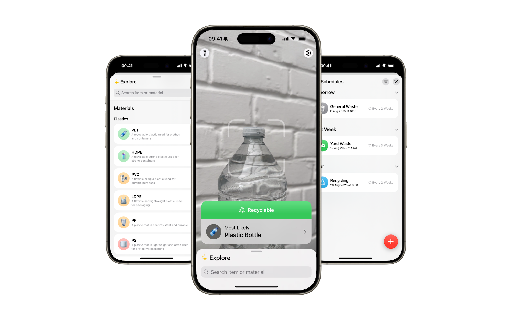 Three iPhone's displaying different screens of the recycling app SortLoop