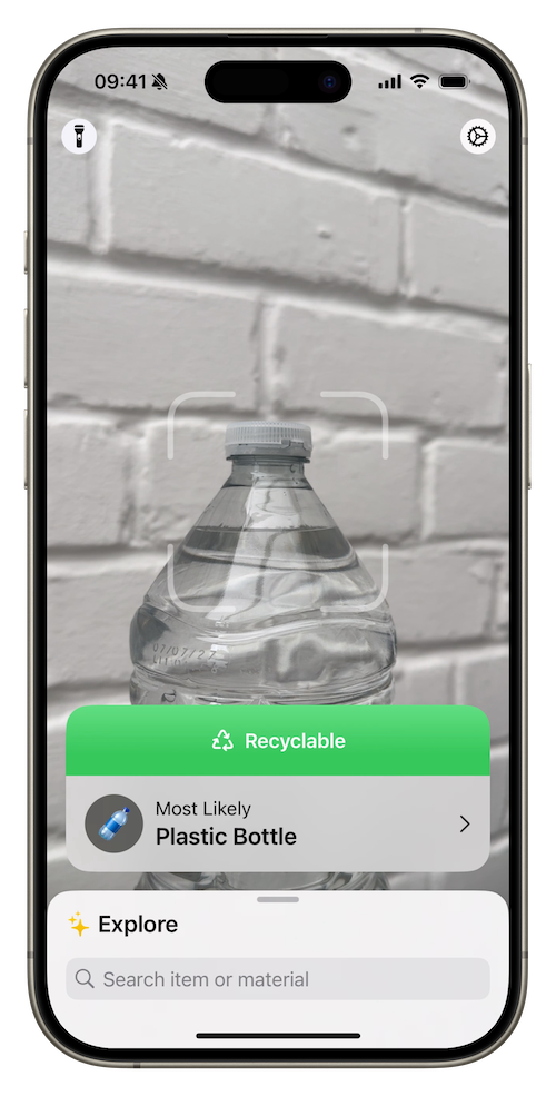 Camera view detecting a plastic bottle as recyclable